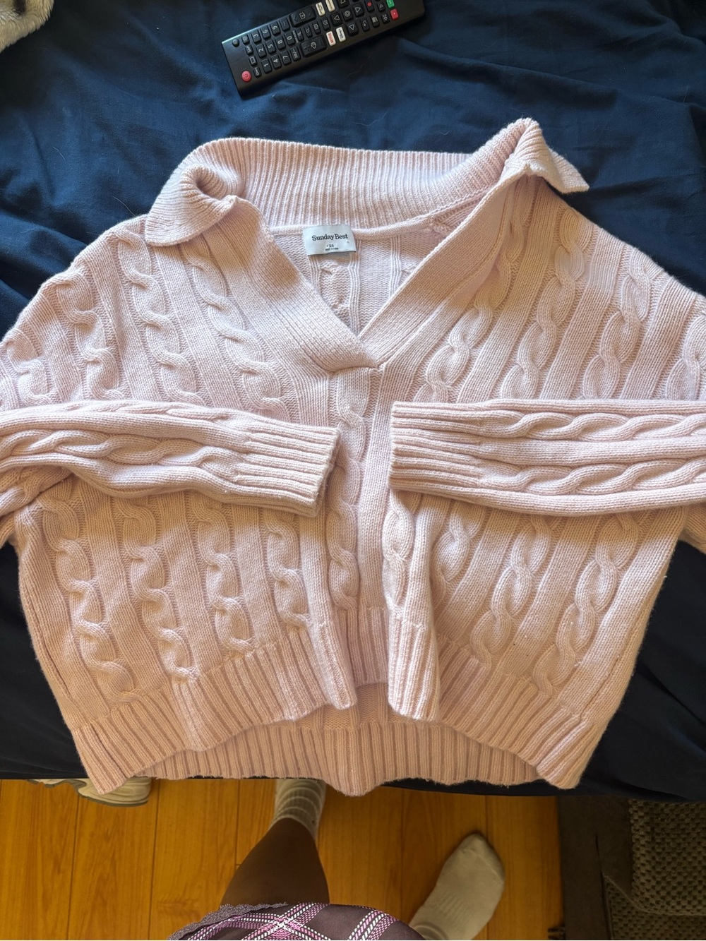 Sunday Best Pale Pink Cable-Knit V-Neck Sweater with Polo Collar